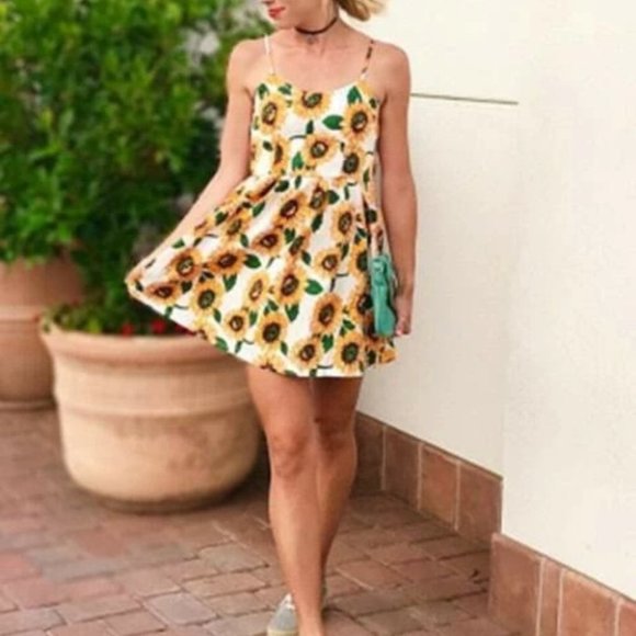 Sunflower Print Crisscross Cami Mini Dress - Picture 7 of 14